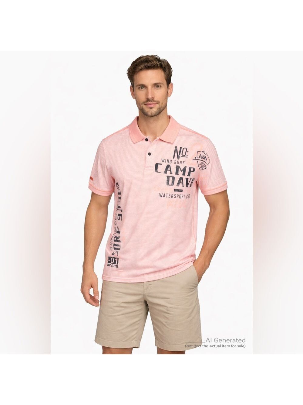 Camp David Men’s Large Peach Striped Graphic Polo Shirt Surf